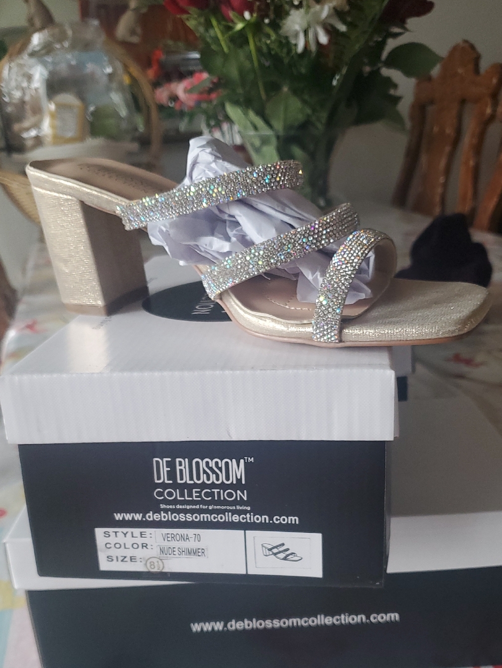 De Blossom Collection Nude Shimmer Rhinestone Block Heel Mule Size 8.5